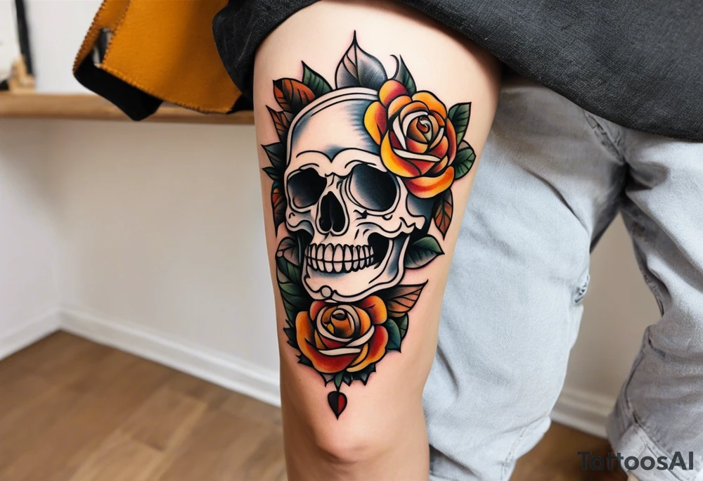 Old School Knee tattoo in fall colors showing a skull with a rose tattoo idea