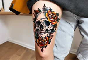 Old School Knee tattoo in fall colors showing a skull with a rose tattoo idea