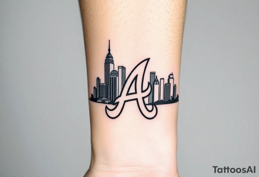 3D layered Atlanta skyline with Atlanta Braves letter logo “A” tattoo idea