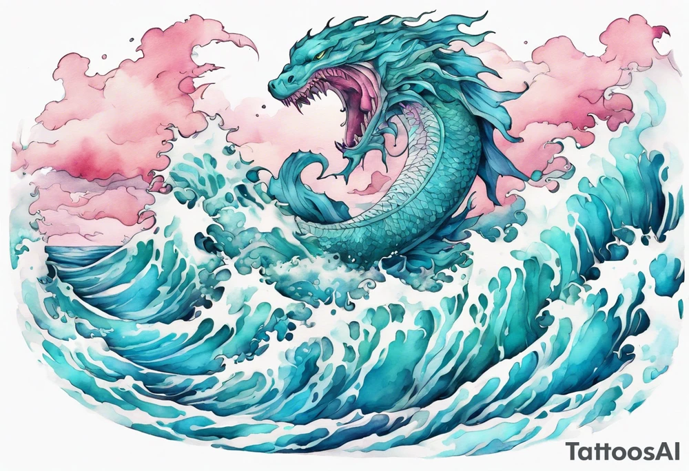 a beautiful turquoise and white and pink Leviathan rising from the blue waves of the ocean tattoo idea