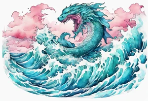 a beautiful turquoise and white and pink Leviathan rising from the blue waves of the ocean tattoo idea