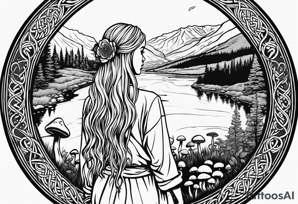 Whole picture encircled fully

Straight long blonde hair hippie girl in distance holding mushrooms in hand facing away toward mountains and creek surrounded by mushrooms long sleeve shirt and hiking pants; whole rendering within a full celtic circle, no cut off circle tattoo idea