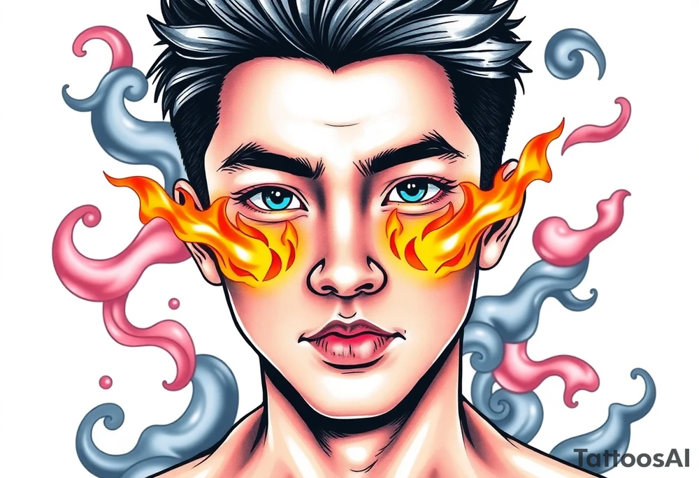 Handsome Asian young guy with flame instead of eyes tattoo idea