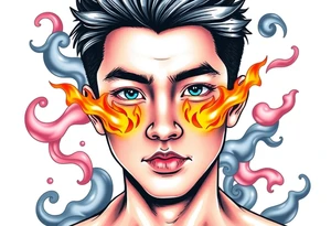 Handsome Asian young guy with flame instead of eyes tattoo idea