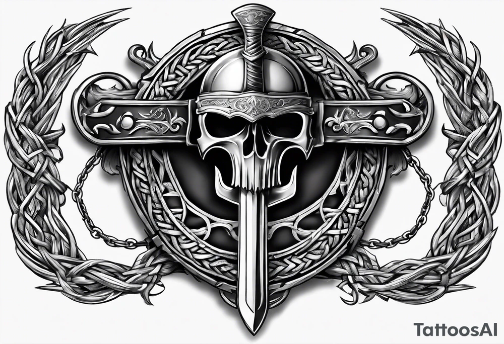 Valhalla sword round shield axe barbed wire chains tattoo idea