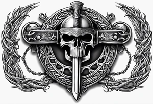 Valhalla sword round shield axe barbed wire chains tattoo idea