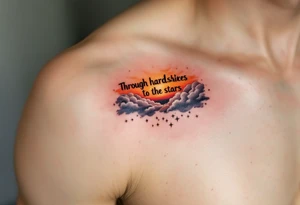 Inked in a burning gradient from red to orange, the quote “Through hardships to the stars” rises over storm clouds into twinkling silver stars. tattoo idea