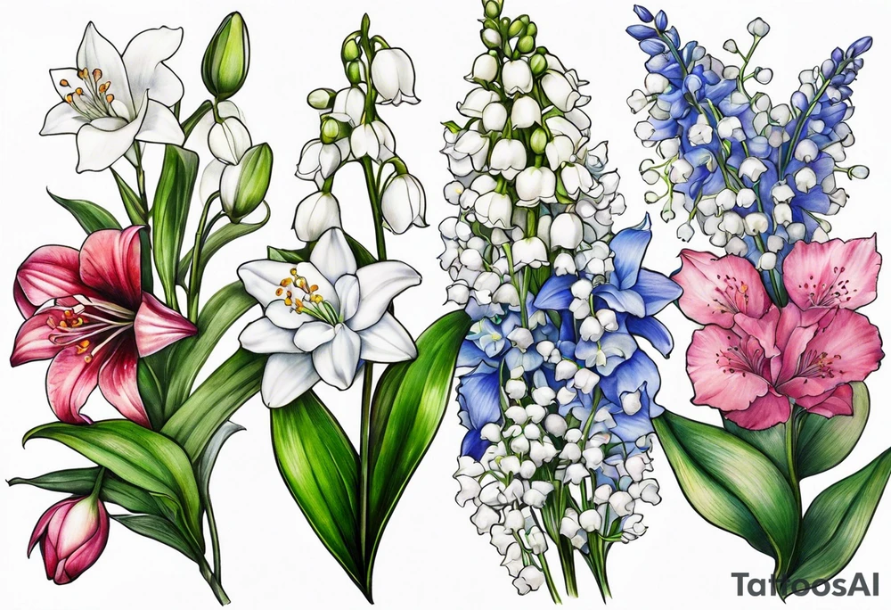 Larkspur, Lily of the valley, water, lily, Hawthorne, flower, carnation, snowdrop flower half sleeve tattoo idea