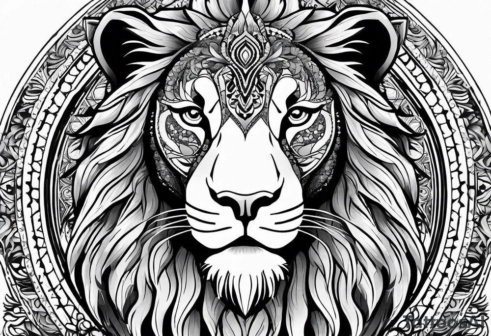 Half lion face half ornate lion face mandala black and grey tattoo tattoo idea