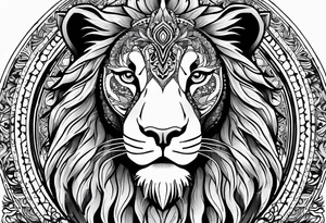 Half lion face half ornate lion face mandala black and grey tattoo tattoo idea