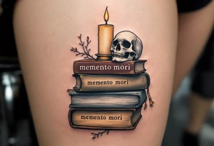 A pile of old books in dusty browns and grays, topped with a candle and skull, "memento mori" inked across the spines. tattoo idea
