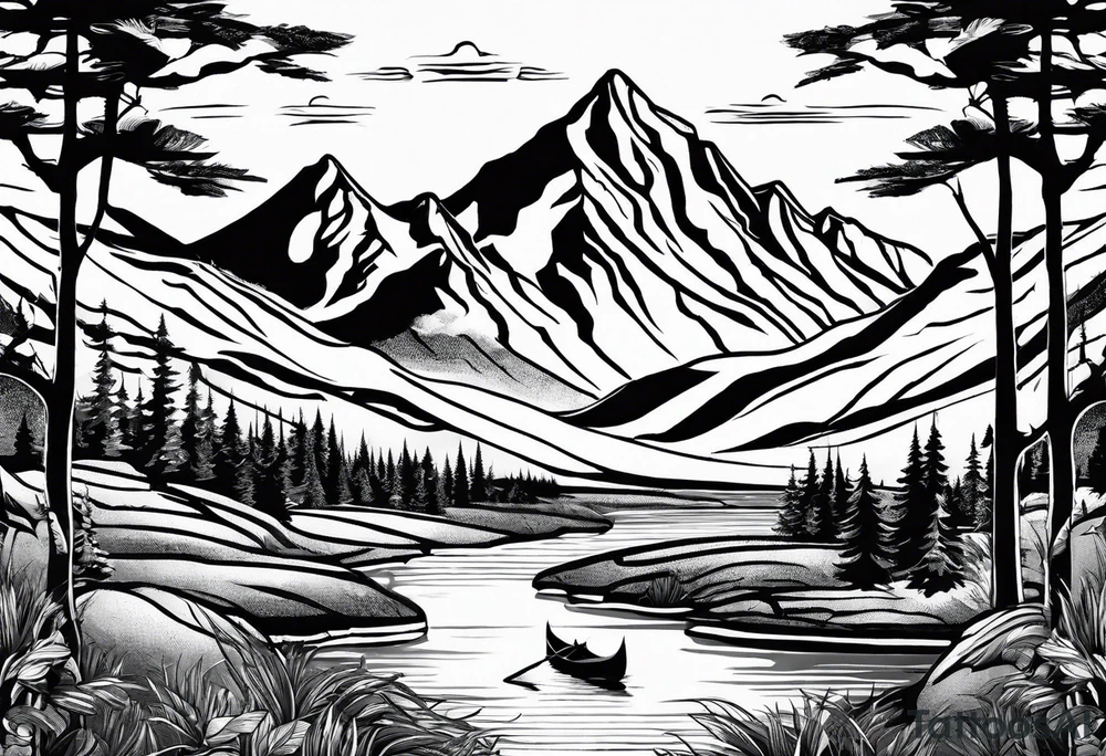 Mountain scene with a river with a subtle peace sign. Use IT IS WELL written in the scene tattoo idea