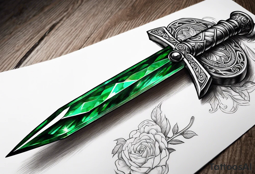 An athame dagger with an oak hilt turned upright and emerald gemstones on it tattoo idea