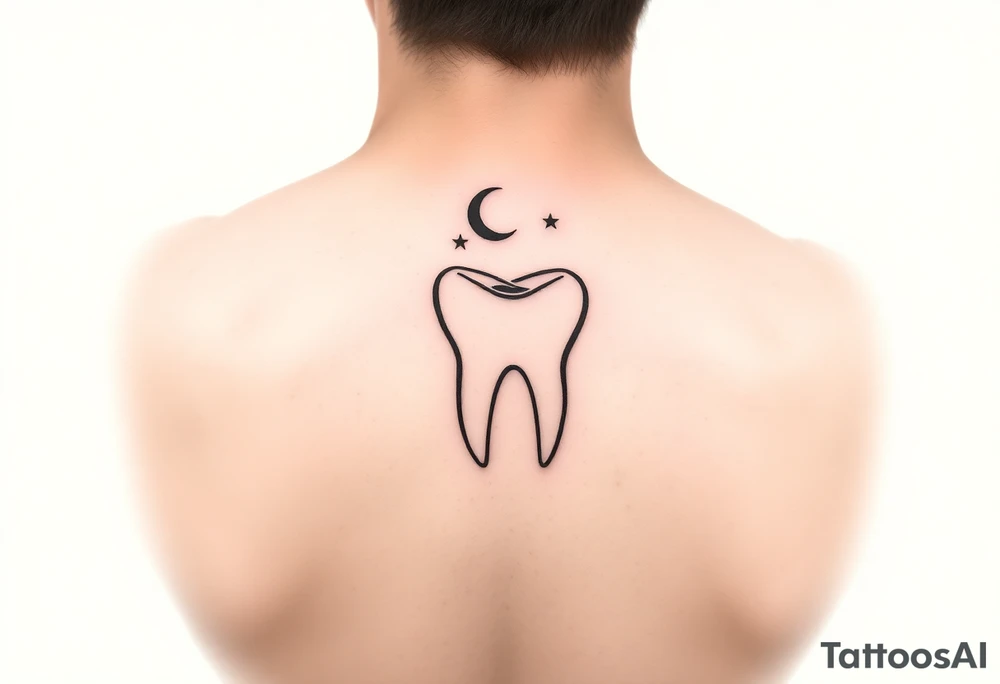 Fine-line minimalist molar tooth outlined in black, with a tiny crescent moon above it and two delicate stars, minimal shading, airy and elegant, perfect for a small behind-the-ear tattoo.” tattoo idea