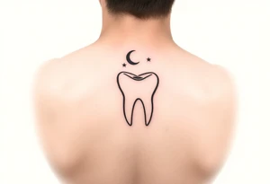 Fine-line minimalist molar tooth outlined in black, with a tiny crescent moon above it and two delicate stars, minimal shading, airy and elegant, perfect for a small behind-the-ear tattoo.” tattoo idea