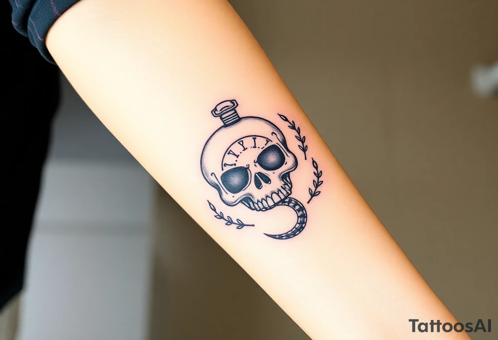 Skull with a snake going through its eyes or mouth include a clock and prickly vines tattoo idea
