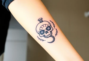 Skull with a snake going through its eyes or mouth include a clock and prickly vines tattoo idea