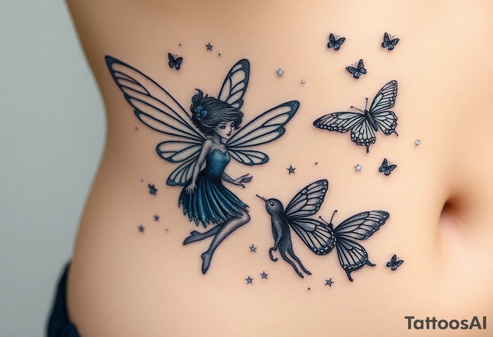 Small butterflies with sparkles falling as they surround a beautiful fairy with a young fairy staying close to to the other fairy with the butterflies looking to play tattoo idea