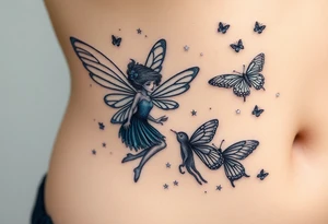 Small butterflies with sparkles falling as they surround a beautiful fairy with a young fairy staying close to to the other fairy with the butterflies looking to play tattoo idea