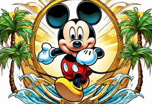 mickey mouse holding lightning with palm trees doing martial arts tattoo idea