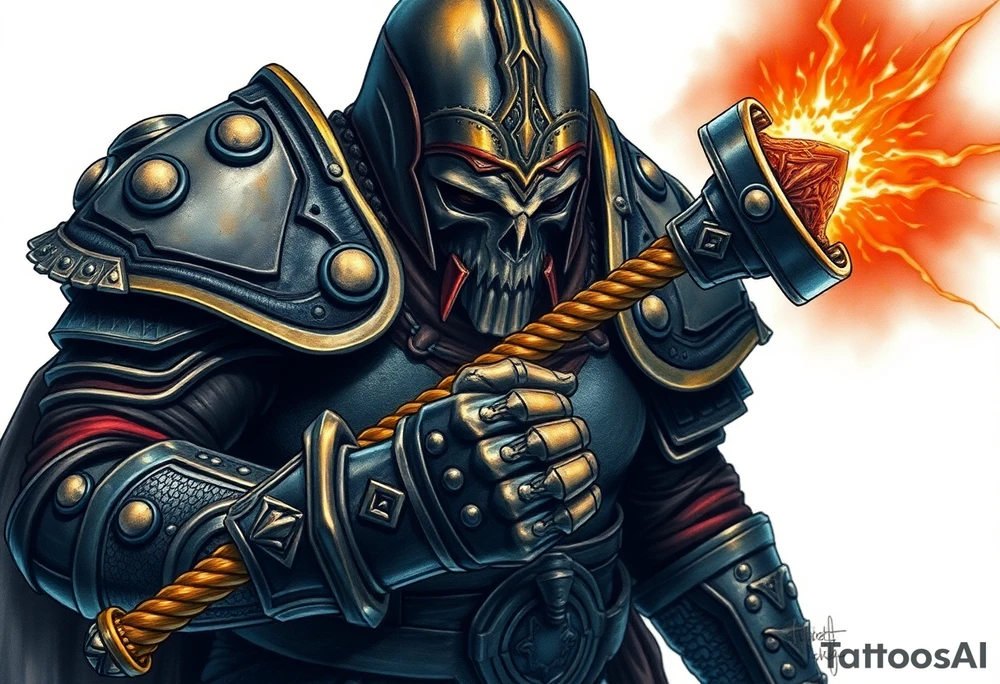 Warhammer, the Old World. A warrior priest of Sigmar holding The Warhammer of Sigmar. The Warhammer of Sigmar is radiating thunderous energy. The Warhammer is held by the warrior priest with both hands at the shaft with a firm grip, upon his chest level. The Warrior priest is wearing dark alloyed heavy armour (reference armor from warhammer vermintide 2 Victor Saltzpyres, the warrior priest of Sigmar class) with skull sigils on his shoulder pads. The warrior priest is wearing a helmet, while the helmets front visor has an humanoid metal face covering. The helmet and armour are gladened with hints of gold and crimson red. The Warhammer is silverish and golden with a long shaft with twisted carvings. tattoo idea