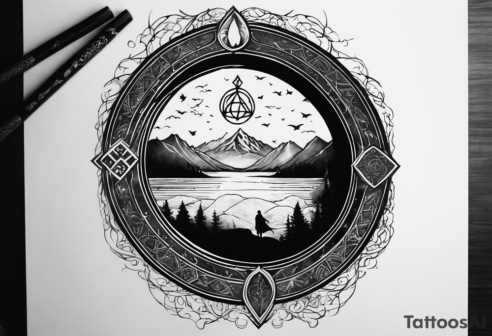 Lord of the rings and Harry Potter movie mashup. Small and simple. Hobbit door hole, wands, elvish writing, deathly hallows tattoo idea
