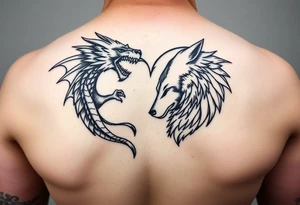 A dragon and a wolf in the shape of a heart tattoo idea