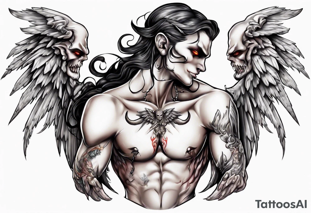 Demon and angel holding each other. He has angel wings, she has demon wings. tattoo idea