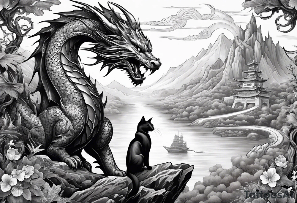 cat and dragon in landscape tattoo idea