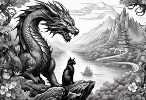 cat and dragon in landscape tattoo idea