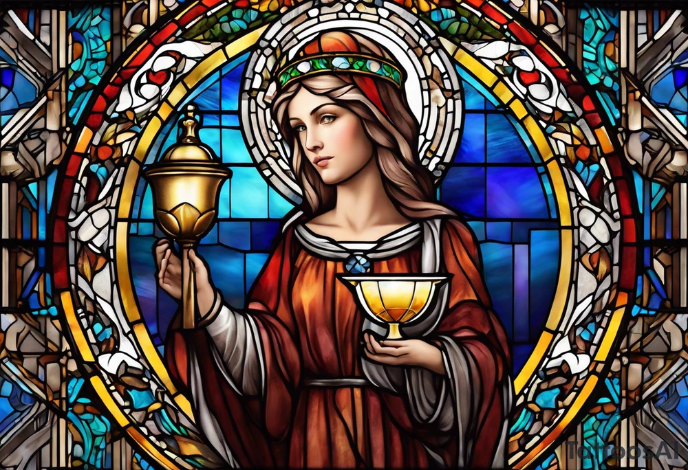 holy saint woman with halo stained glass holding a chalice tattoo idea