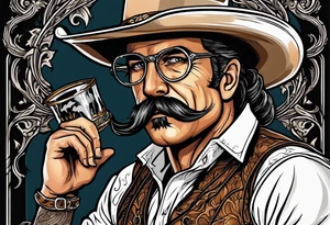 Old west Cowboy with handlebar mustache and wire rim glasses tattoo idea