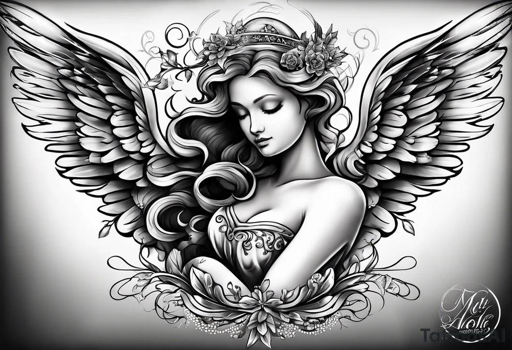 an angel with "my sweet angel" written underneath it tattoo idea