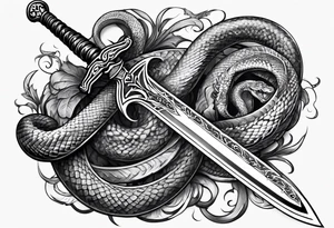 Sword with sum symbol on blade and snake going around the sword tattoo idea