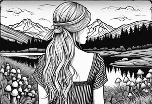 Straight long blonde hair hippie girl in distance holding mushrooms in hand facing away toward mountains and creek surrounded by mushrooms black and white striped dress tattoo idea