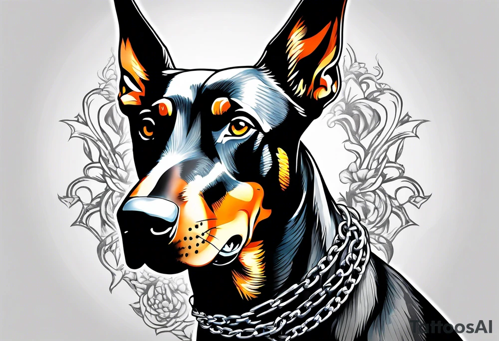 Doberman with open mouth biting
Wearing chain tattoo idea