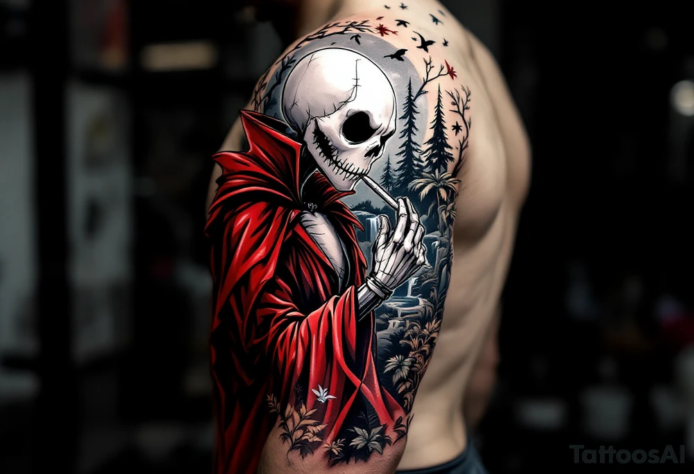 jack skellington in red king robe , smoking a blunt, in nature jungle, waterfall, birds, palm trees tattoo idea