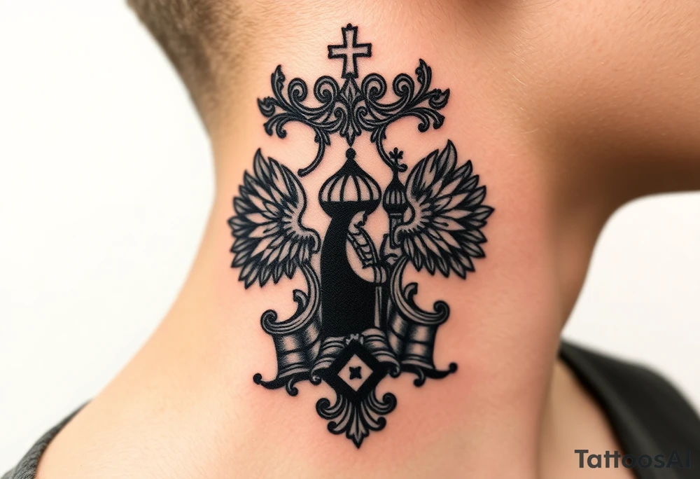 Traditional authentic Russian coat of arms with a Christian orthodox virgin marry in the middle and silhouette in a Russian wilderness Christian orthodoxy dome church village setting on the side of my neck tattoo idea