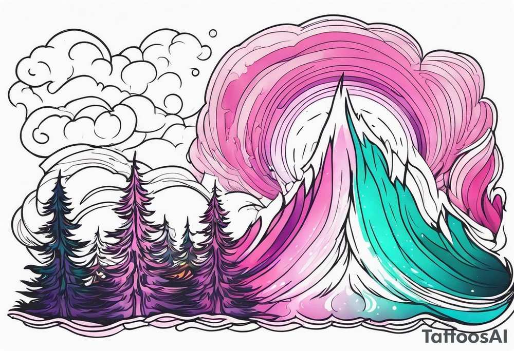 Pink purple teal Bonfire flames turning into northern lights tattoo idea