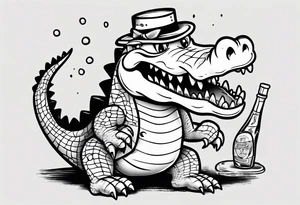 drunk cute cartoon crocodile full body tattoo idea