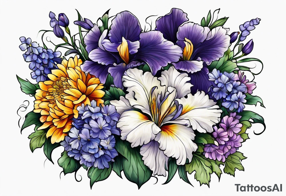 Flower bouquet filled with violets, irises and chrysanthemums tattoo idea