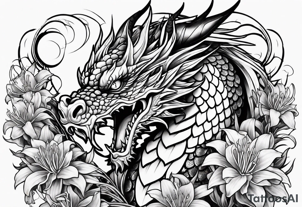 full Dragon with red Spider lilies surrounding it tattoo idea