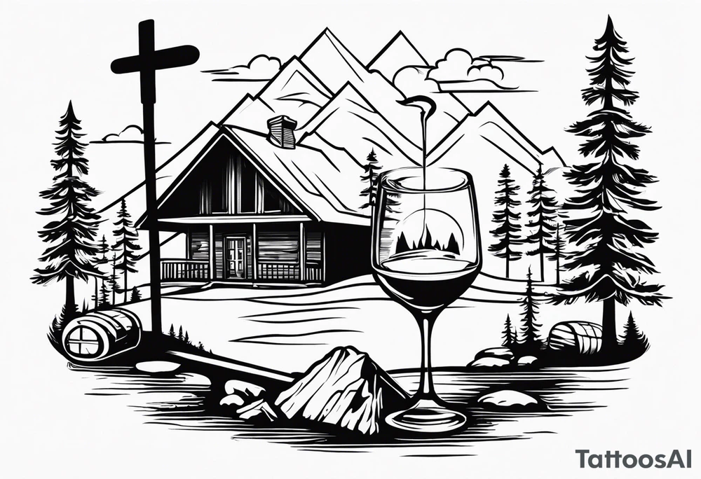 cross with whiskey glass, golf club, camp fire and cabin in the quandrants tattoo idea
