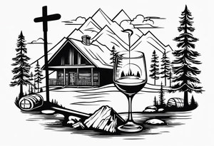 cross with whiskey glass, golf club, camp fire and cabin in the quandrants tattoo idea