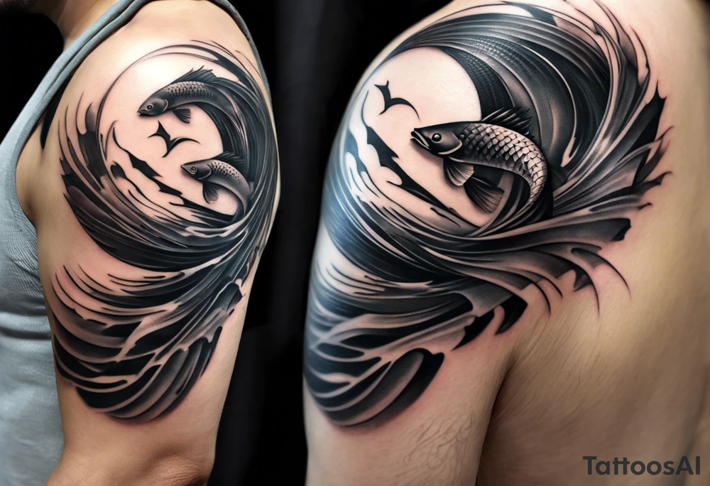 Design a half-sleeve tattoo in a smooth, shaded style with black and grey tones. The central focus is two fish swimming in a circular motion, like a yin-yang, gracefully moving in a loop. The fish should have flowing tails and fins, with soft shading that gives a sense of motion and balance.

Surround the fish with a bed, where a man is lying down but his feet stick out, symbolizing discomfort or not fitting in. The bed should blend subtly into the background, using minimal lines, to avoid distracting from the fish. The sheets or bed frame should flow into the circular motion created by the fish.

Add an astronaut floating nearby, connected to the bed scene. The astronaut should appear weightless, as if drifting in space, with their posture relaxed and slightly tilted, fitting within the circular flow of the fish. Clouds should form softly around the astronaut and the bed, blending into the scene to create a dreamy, ethereal background.

From one side of the circular fish motion, flames should emerge, adding dynamic energy to the design. The flames should be subtle but lively, with light shading, balancing the softness of the clouds with some intensity.

Finally, include the text "MMIX" in bold, sketchy font either below or beside the main design. The text should be clear but in harmony with the hand-drawn style of the fish and flames. tattoo idea