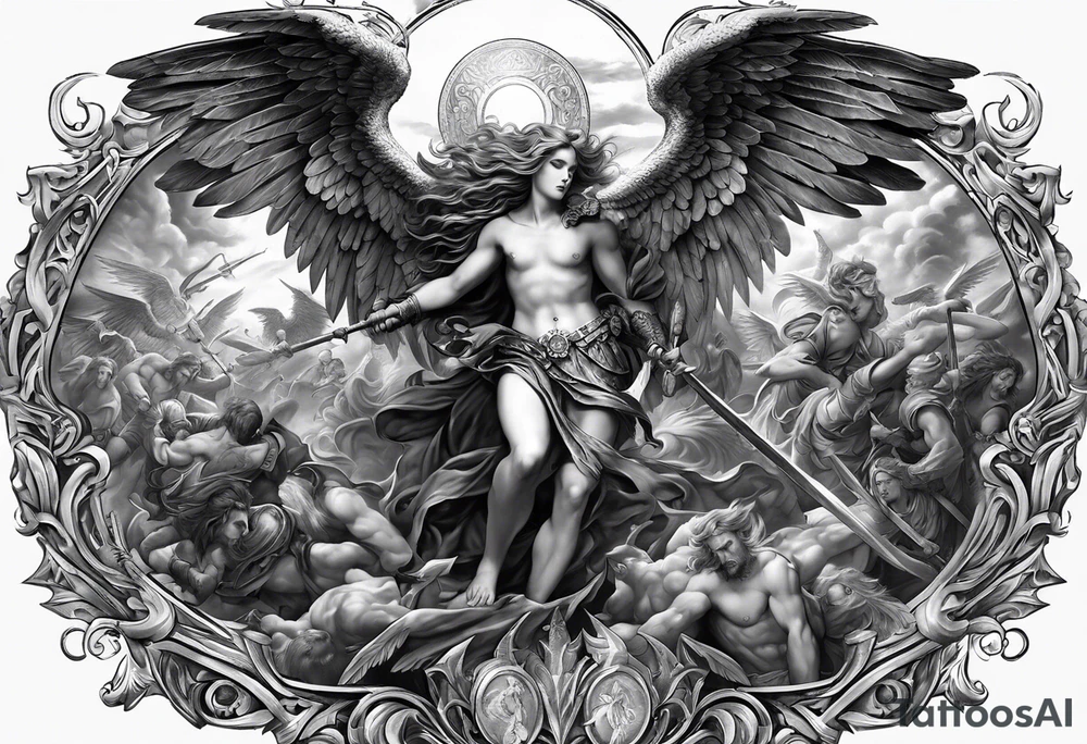 Full back piece depicting the war between angels above and demons below. Make the angels biblically accurate such as seraphim, ophanim, virtues, etc tattoo idea