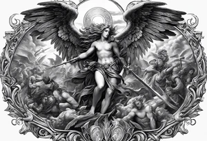 Full back piece depicting the war between angels above and demons below. Make the angels biblically accurate such as seraphim, ophanim, virtues, etc tattoo idea