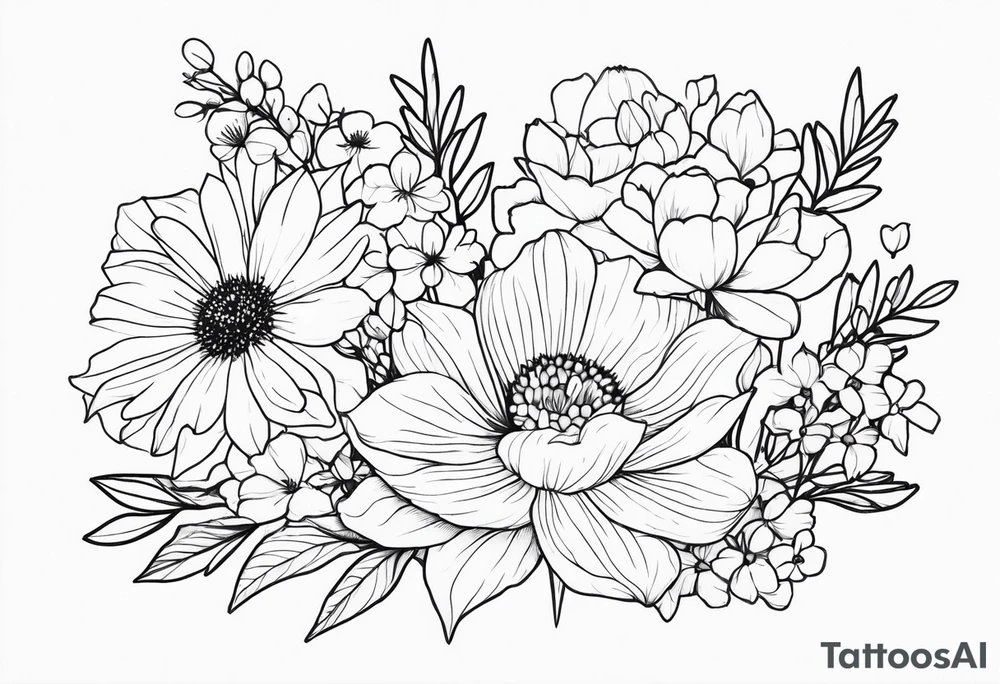 fine line flower bouquet made from the birth month flowers of march may june july tattoo idea