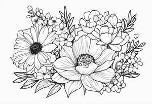 fine line flower bouquet made from the birth month flowers of march may june july tattoo idea