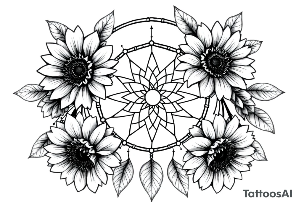 Sunflowers and roses dreamcatcher tattoo idea